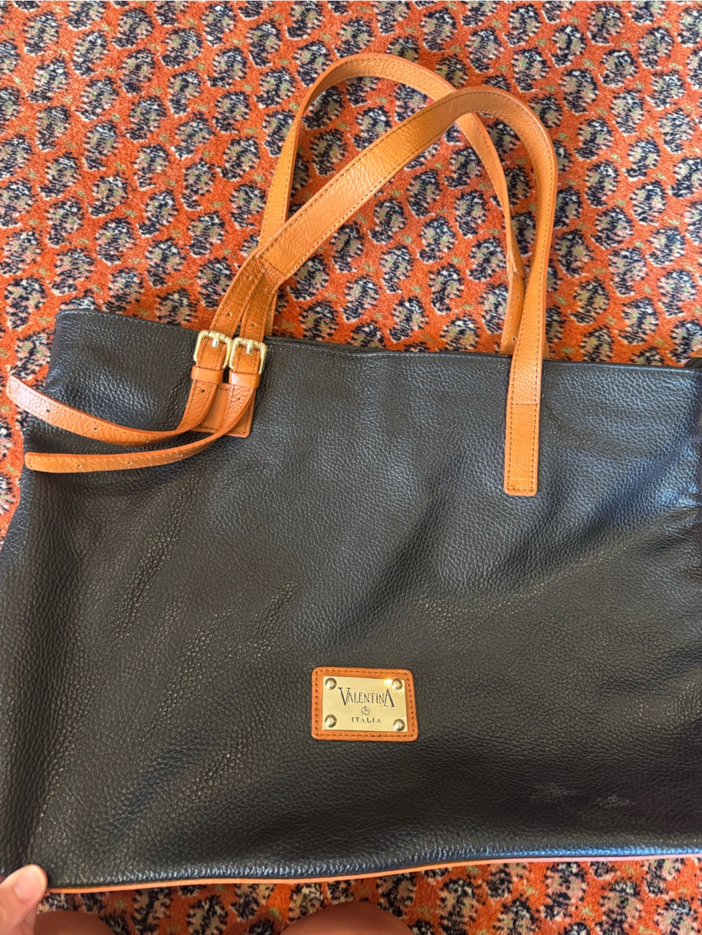 Valentina Black Tote with Tan Handles and Trim